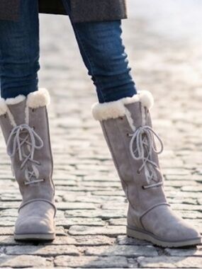 UGG Light Gray Faux-Suede Lace-Up Shearling Trim Mid-Calf Boots